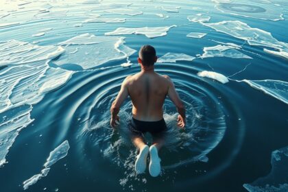 Férfi jeges vízben, jégdarabokkal körülöttük, frissítő élmény.