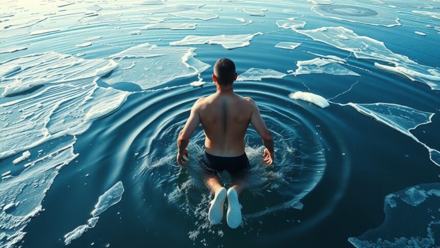 Férfi jeges vízben, jégdarabokkal körülöttük, frissítő élmény.
