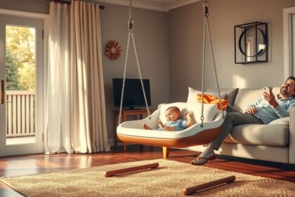 Babák pihenése az Adamo hintában otthoni környezetben.