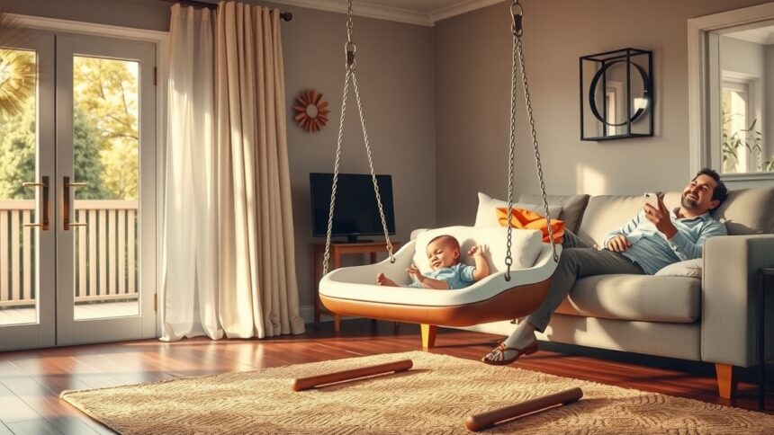 Babák pihenése az Adamo hintában otthoni környezetben.