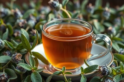 Zsályatea egy csészében, zsályalevelek között