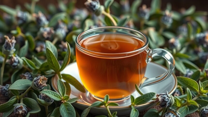 Zsályatea egy csészében, zsályalevelek között