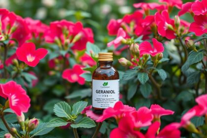 Geraniol üvegpalack rózsaszín virágok között, természetes gyógymód