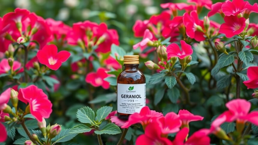 Geraniol üvegpalack rózsaszín virágok között, természetes gyógymód