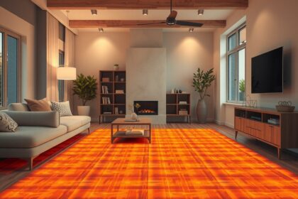 Modern nappali padlófűtéssel, kényelmes bútorokkal.