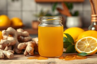 Gyömbérszirup citrommal és friss gyömbér gyökérrel az asztalon.