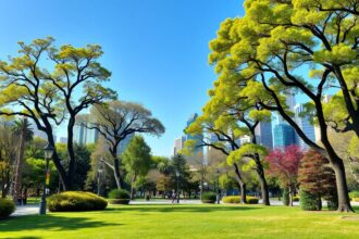 Városi park zöld fákkal és modern épületekkel a háttérben.