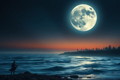 Telihold a tenger felett, ember a parton