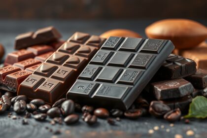 Különböző magas kakaótartalmú csokoládék és kávészemek