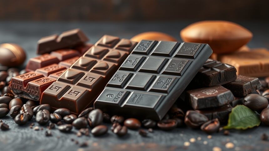 Különböző magas kakaótartalmú csokoládék és kávészemek