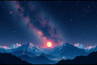 Festői hegyek és csillagos égbolt a teliholddal.