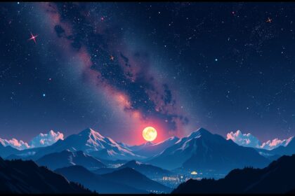 Festői hegyek és csillagos égbolt a teliholddal.