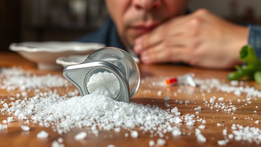 Egy sótartó kiborult, sószemek az asztalon, egészségi kockázatok.