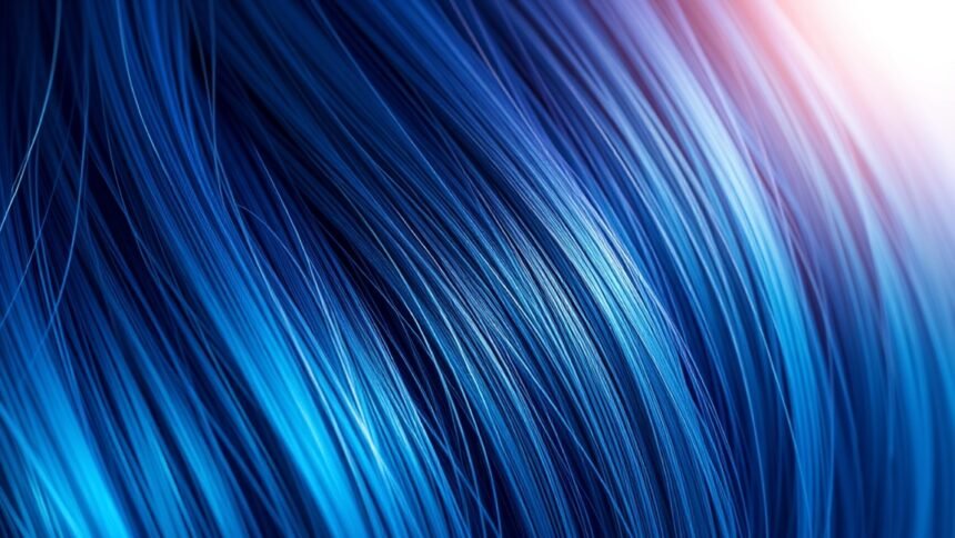 Kék hajszálak részletes látképe, egészséges haj ápolásához.