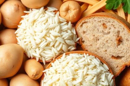 Keményítő források: burgonya, rizs és teljes kiőrlésű kenyér egy képen.