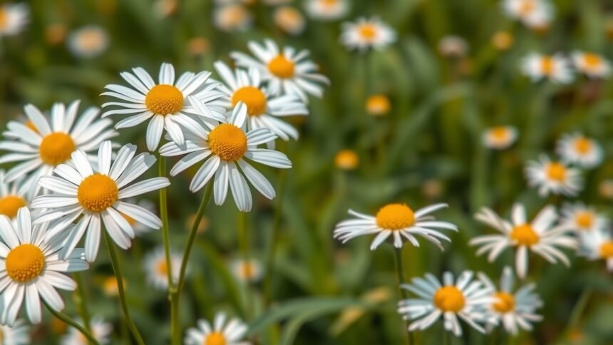 Kamilla virágok a természetben, amelyek egészségügyi előnyöket kínálnak.