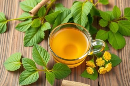 Martilapu tea with fresh leaves and flowers on a wooden surface