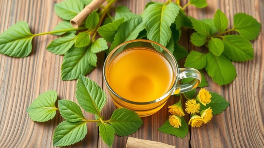 Martilapu tea with fresh leaves and flowers on a wooden surface