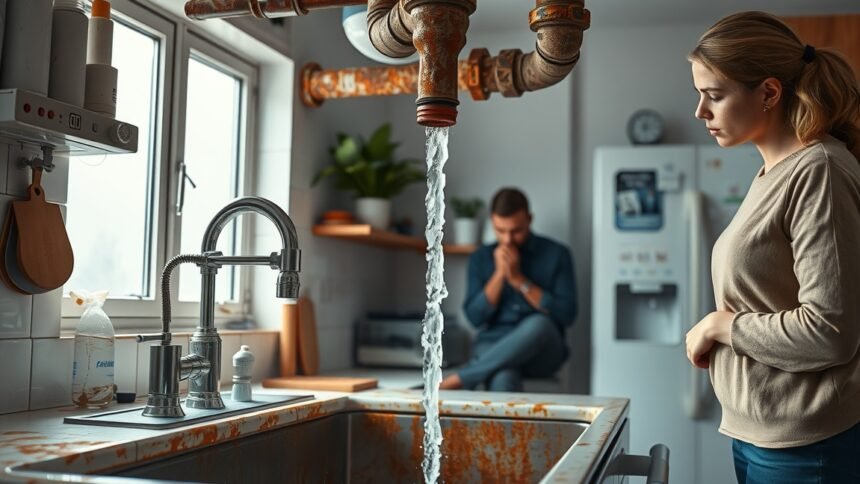 Rozsdás víz csöpög a konyhai csapról, miközben egy nő aggódik.