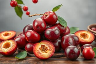 Friss japán szilva (ume) halom, vágott példányokkal