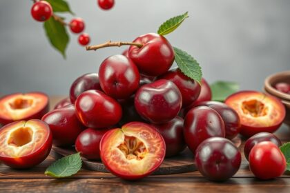 Friss japán szilva (ume) halom, vágott példányokkal