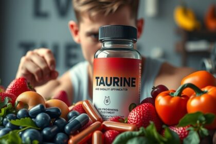 Taurin táplálékkiegészítő gyümölcsökkel és zöldségekkel körülvéve