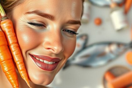 Nő, aki sárgarépát tart a bőrének egészségéért