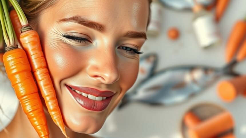 Nő, aki sárgarépát tart a bőrének egészségéért