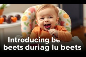 Baba cékla pépet eszik az étkezőszékben, boldog arccal.