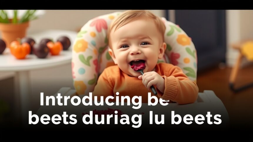 Baba cékla pépet eszik az étkezőszékben, boldog arccal.