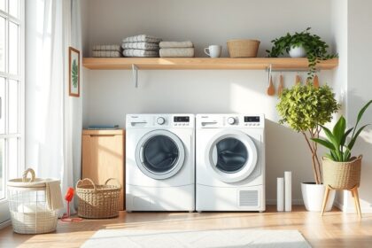 Modern inverteres szárítógép és mosógép a fürdőszobában.