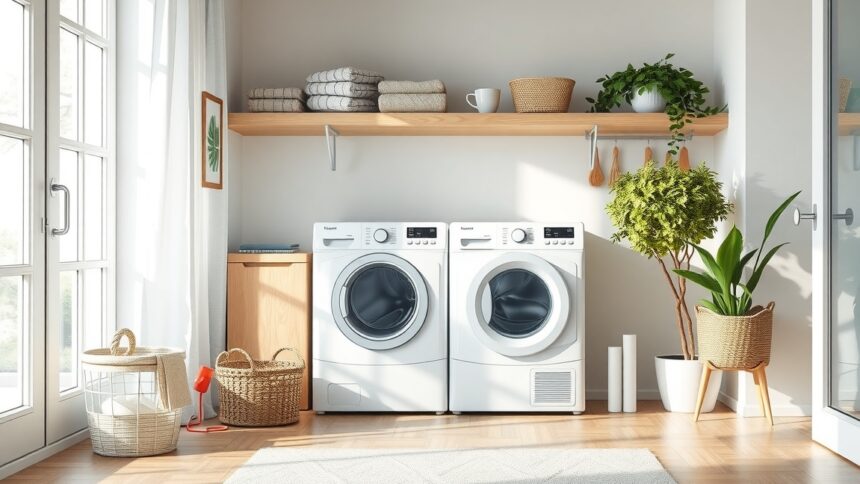 Modern inverteres szárítógép és mosógép a fürdőszobában.