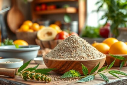 Kendermag őrlemény és friss gyümölcsök egy egészséges konyhában.