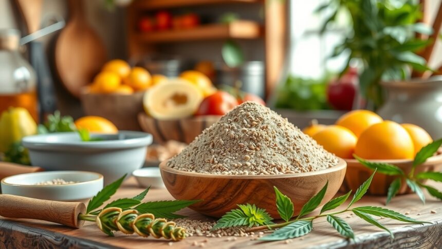 Kendermag őrlemény és friss gyümölcsök egy egészséges konyhában.