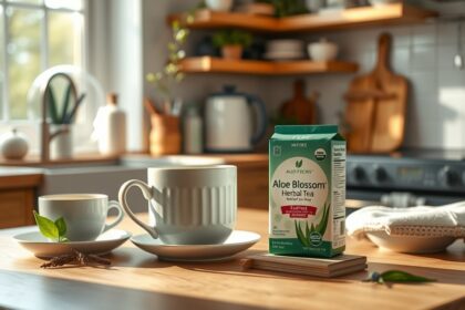 Aloe Blossom Herbal Tea in a cozy kitchen setting with cups.