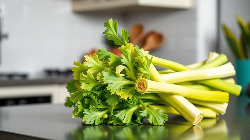 Friss zellerszár a konyhában, egészséges táplálkozáshoz.