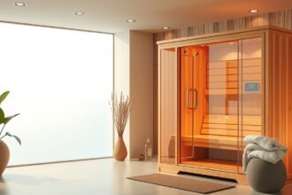 Modern infraszauna a relaxációs térben, friss növényekkel.