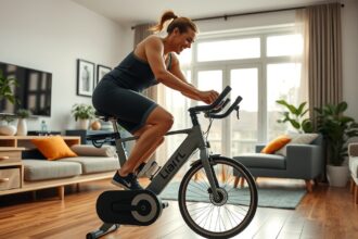 Fiatal nő edz egy szobakerékpáron otthon, fittség és egészség érdekében.