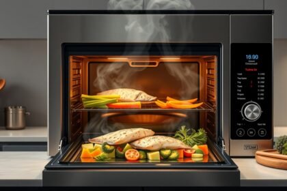 Gőzsütő zöldségekkel és halételekkel a modern konyhában.