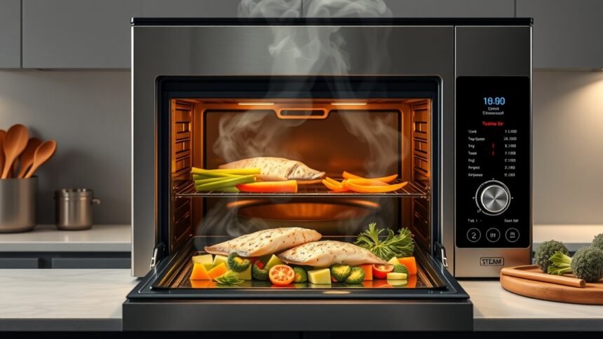 Gőzsütő zöldségekkel és halételekkel a modern konyhában.