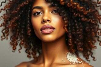 Egy nő szép, göndör hajjal, egészséges fejbőrrel és sminkkel.