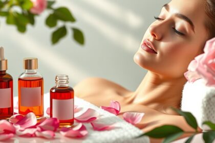 Nő álmodozva rózsaolajat használ a bőrápolásban
