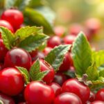 Friss vörös áfonya levelek és bogyók közelképe