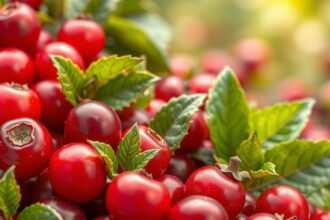 Friss vörös áfonya levelek és bogyók közelképe