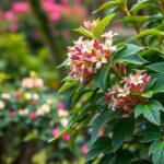 Jerikói lonc virágai zöld levelekkel és háttérben színes virágokkal