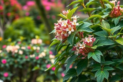 Jerikói lonc virágai zöld levelekkel és háttérben színes virágokkal