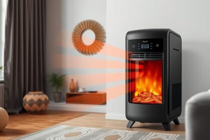 Modern hőtárolós kályha otthoni környezetben, energiatakarékos fűtés.