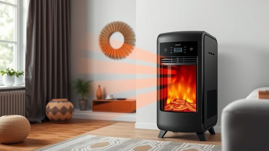 Modern hőtárolós kályha otthoni környezetben, energiatakarékos fűtés.