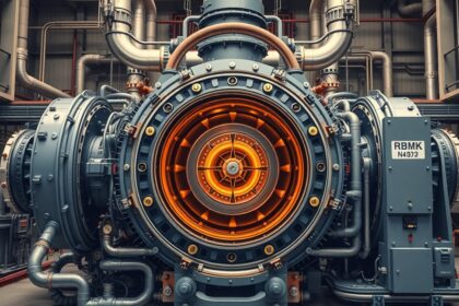 RBMK reaktor részlete egy energiaüzemben, grafit moderációval és csatornás üzemelés jellemzi.