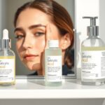 Szalicilsav bőrápoló termékek és női modell a tükör előtt